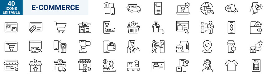 E-commerce web line icon set. Shopping icons. E-commerce, online shopping, delivery, store, marketing, money, marketplace. Vector illustration.