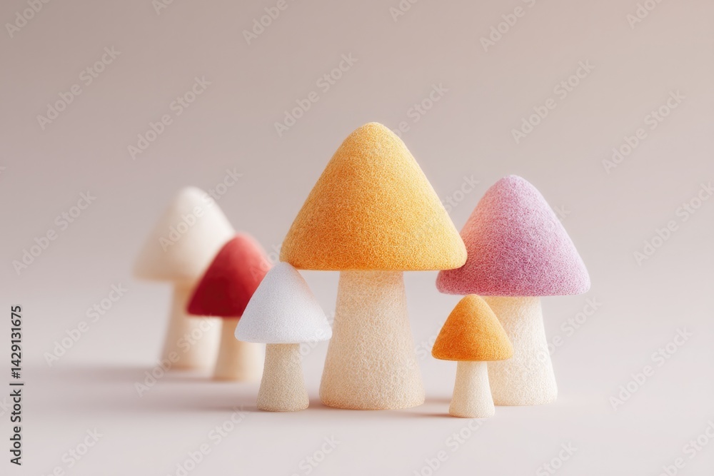 Poster arrangement of colorful abstract mushroom shapes on light neutral background with ample copy space