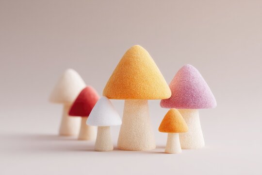 arrangement of colorful abstract mushroom shapes on light neutral background with ample copy space