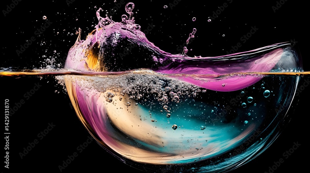 Poster dynamic water splash art underwater digital visualization colorful environment close-up view abstrac