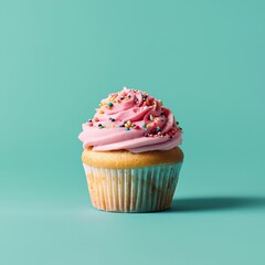 Cupcake with pink frosting and colorful sprinkles on a blue background