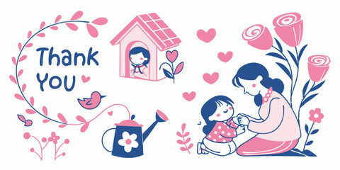 Sweet Mother and Daughter Design with Floral Elements and Thank You Message	