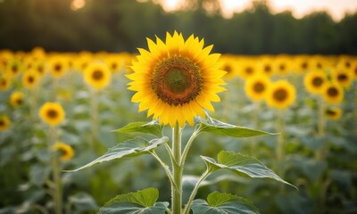 Vibrant sunflower field at dawn, basking in the golden light of sunrise