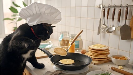 This humorous and adorable photograph features a black cat wearing a tall white chef's hat (toque blanche) standing attentively at a kitchen counter. The feline chef is skillfully using a 