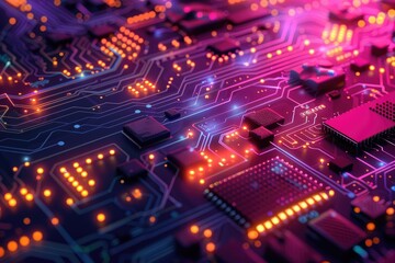 Fototapeta premium Abstract of chip on complex circuit with digital technology style design and neon electric light graphic show dynamic movement represent about processor algorithm process on high tech device. AIG51.