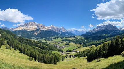 Fototapeta premium Panoramic scenic view of a valley in a mountain range under a clear, blue sky