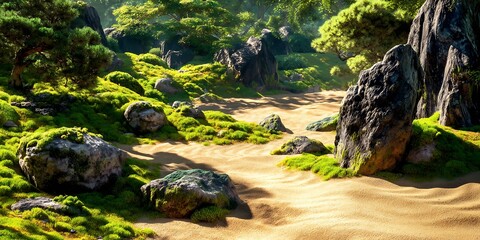 Obraz premium Serene Pathway Winds Through a Lush, Moss-Covered Landscape with Ancient Rocks and Verdant Trees Under Soft Light.