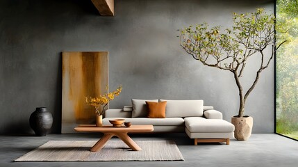 A sophisticated and serene contemporary living room with a plush L shaped sectional sofa neutral color palette natural textures and minimal yet refined decor in a Scandinavian inspired aesthetic