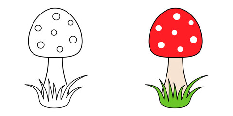 Fly agaric for children's coloring book. Coloring page for children. Mushroom with a red cap and white dots. Vector illustration.