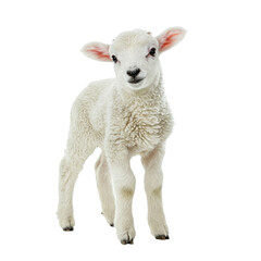 Fototapeta premium Lamb Portrait: A sweet, fluffy lamb with big, curious eyes stands on a white background, showcasing the innocent charm of youth in a captivating portrait.