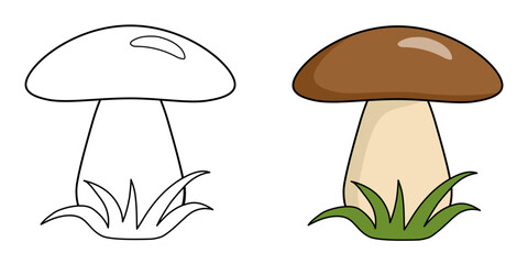 Mushroom for children's coloring book. Coloring page for children. White mushroom with a brown cap in the grass. Vector illustration.