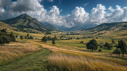 Naklejka premium The image depicts a serene landscape with lush green fields, scattered trees, small houses, and towering mountains in the background