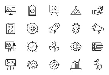 Project Management Line Icon Set. contains such icons as Project Plan, Time Management, Task List, Schedule, Collaboration, Cost Management, Risk Management
