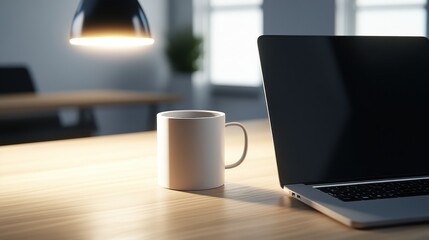 A serene workspace featuring a laptop and coffee mug under soft lighting, emphasizing productivity