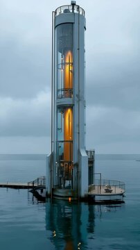 A futuristic Oscillating Water Column (OWC) wave energy generator stands in the ocean, its transparent vertical chambers capturing wave power. A clean energy innovation, sustainable marine technology