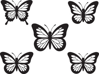 Obraz premium Five Black and White Butterflies Silhouettes set 