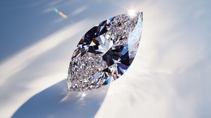 Realistic shot of a marquise cut diamond with dramatic sparkle, isolated on white background