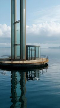 A futuristic Oscillating Water Column (OWC) wave energy generator stands in the ocean, its transparent vertical chambers capturing wave power. A clean energy innovation, sustainable marine technology