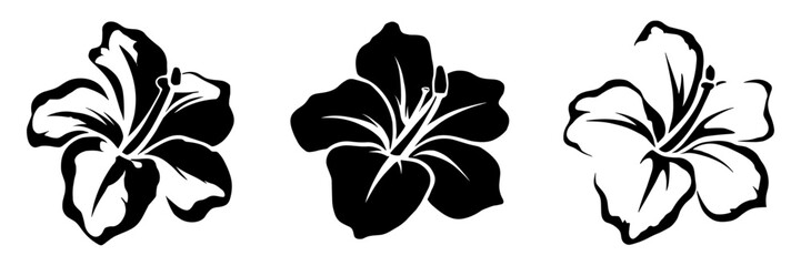 Vector set of black silhouettes of tropical hibiscus flowers isolated on a white background