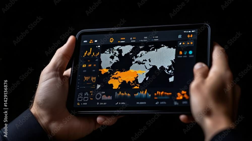 Poster person holding tablet displaying global data analytics and financial graphs with dark background