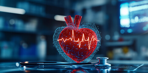 digital representation of heart with electrocardiogram line, symbolizing health and wellness, set against blurred medical background. image conveys sense of care and technology