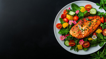 beautifully arranged plate featuring grilled salmon bed of fresh greens, complemented by vibrant cherry tomatoes, cucumbers, and colorful diced mango. dish is garnished with edible flowers