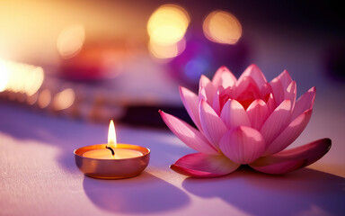 Beautiful Pink water lotus with bokeh light and a glowing candle Concept of happy vesak day 