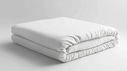Neatly folded white fitted bed sheet, featuring an elastic edge, displayed on a white background for clarity