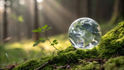 A captivating close-up shot captures a clear glass sphere resting gently on a bed of lush green moss on the forest floor.