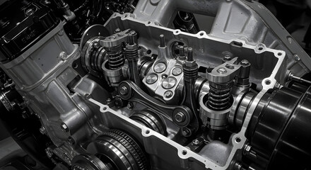 Fototapeta premium Detailed View of Automotive Engine Internal Components in Silver and Gray Metallic Tones