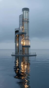 A futuristic Oscillating Water Column (OWC) wave energy generator stands in the ocean, its transparent vertical chambers capturing wave power. A clean energy innovation, sustainable marine technology