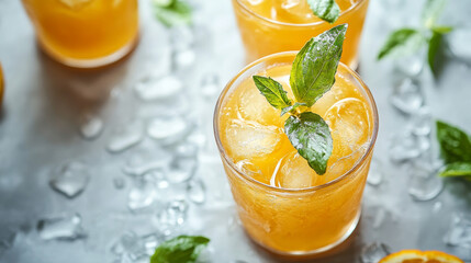 Fototapeta premium Overhead view of a fresh glass of orange juice set on white background