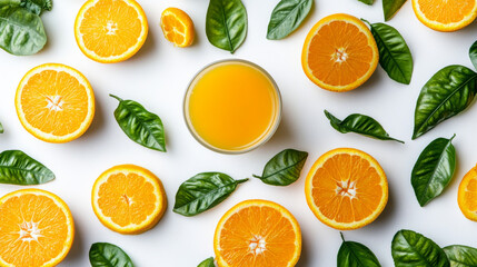 Overhead view of a fresh glass of orange juice set on white background