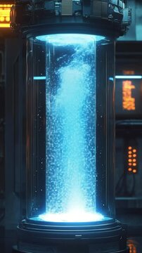 A futuristic Oscillating Water Column (OWC) wave energy generator enclosed in a high-tech cylindrical chamber, illuminated by vibrant blue light, surrounded by control panels and industrial equipment.
