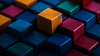 Obraz premium Colorful wooden cubes create vibrant and playful background, showcasing variety of textures and hues. arrangement invites creativity and imagination, perfect for artistic projects