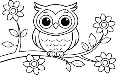 Outline Cartoon Owl Sitting On Tree Branch Surrounded by Flowers Line Art