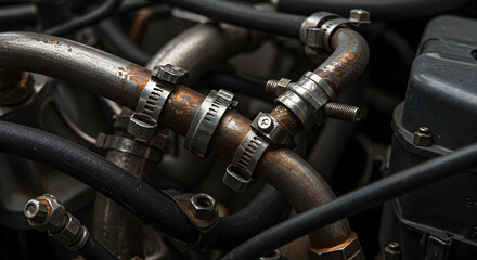 Obraz premium Detailed View of a Car Engine with Interconnected Pipes and Metallic Components