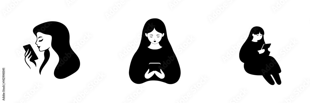 Poster engaging icons showcasing women using mobile devices in various postures and expressions for digital