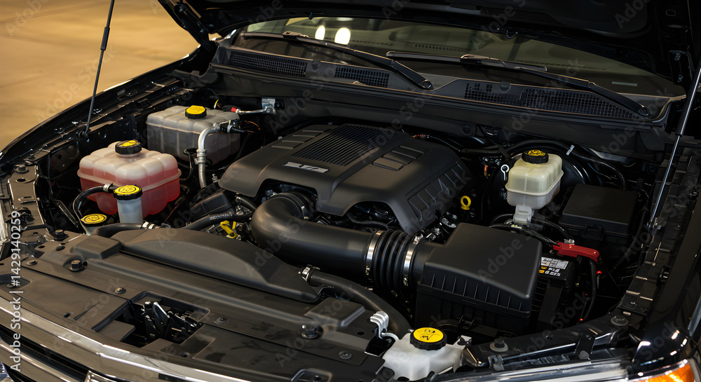 Poster detailed view of a car engine bay showing motor components and mechanical system under the open hood