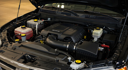 Fototapeta premium Detailed View of a Car Engine Bay Showing Motor Components and Mechanical System Under the Open Hood