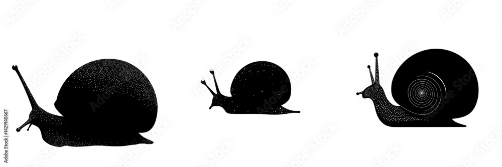 Poster vector illustration of various snails showcasing different sizes and shapes in a minimalist black de
