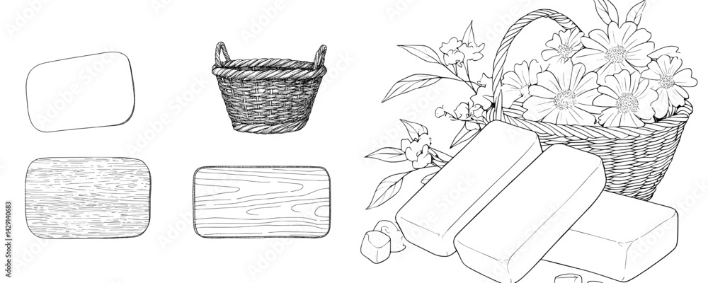 Poster vector illustration of decorative basket and various shapes serving as soap or block objects in a si