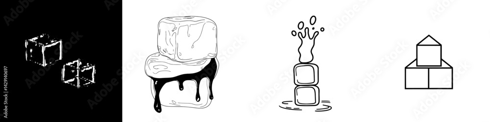 Poster vector illustration of ice cubes with melted liquid and splash effect, capturing coolness and refres