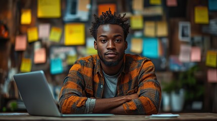 Obraz premium Surrounded by sticky notes and laptops, a young stressed African businessman suffers from FOMO while working late in the office.
