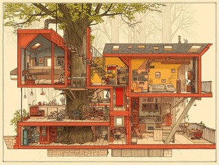 Detailed treehouse illustration showcasing multiple floors and rooms.