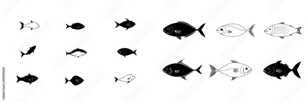 Aufkleber vector illustration of various fish species in different sizes and styles creating a dynamic underwa