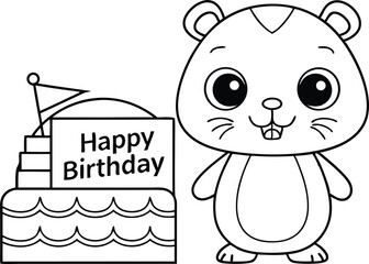 Line art style hamster with birthday cake outline on transparent background