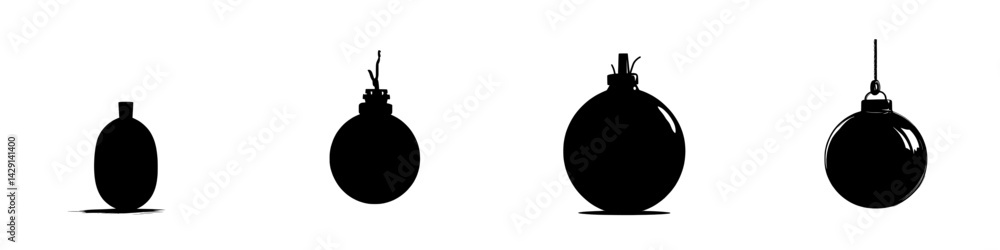 Poster vector illustration of various bomb shapes and sizes displayed in silhouette style with suspenseful 