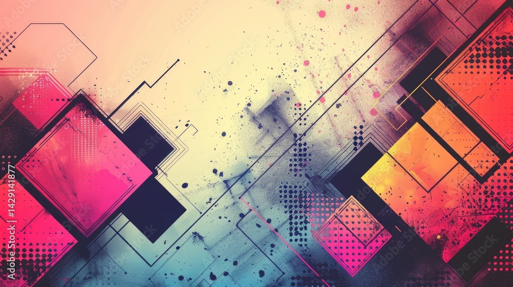 Poster the abstract picture of the multiple colored square shape gathering in the bright background, geomet