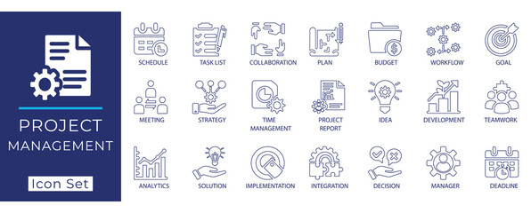 Flat vector project management line icon set. Featuring task list, time management, strategy, teamwork, analytics, planning, deadline & integration icons.